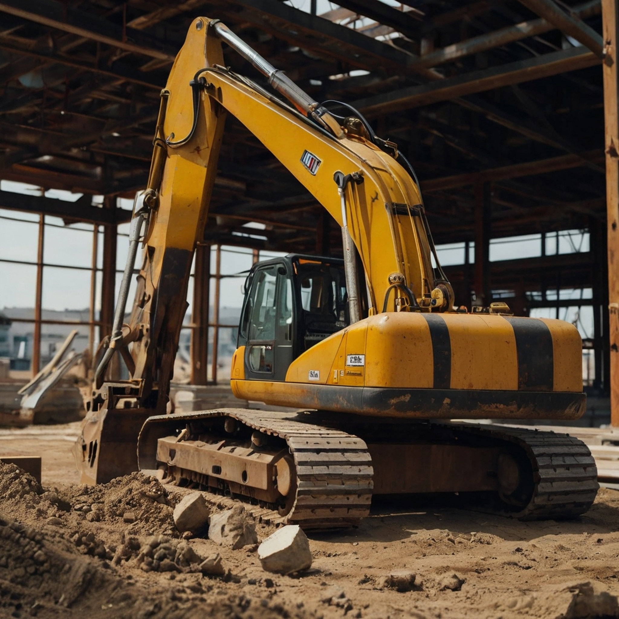 yellow excavator is building with building background